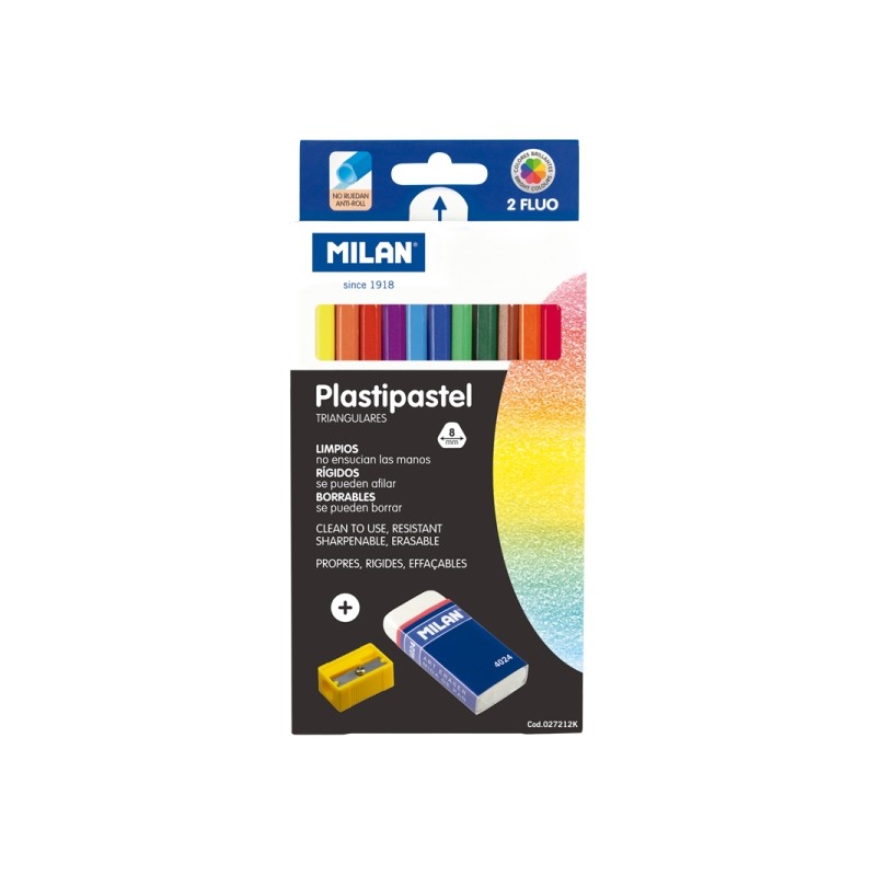 Milan Plastipastel Confezione da 12 pastelli colorati triangolari - Include gomma e temperino - Vassoio interno - Colori