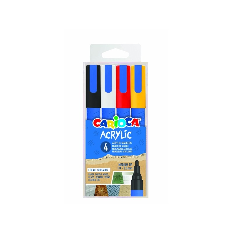 Carioca Acrylic - Confezione da 4 pennarelli acrilici - Punta rotonda media 1.8-2.5 mm - Inchiostro a base d'acqua - Ele