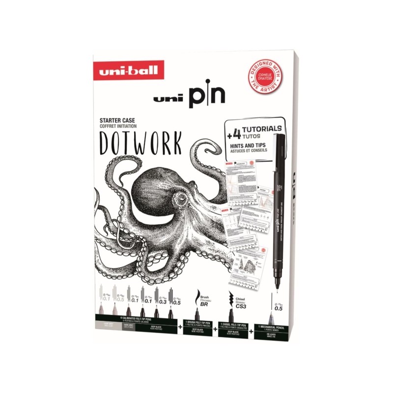 Uni-ball Uni Pin Dotwork - Confezione da 8 pennarelli calibrati 0.1. 0.3. 0.5. Brush e CS3 + 1 portamine Shalaku S + 4 t