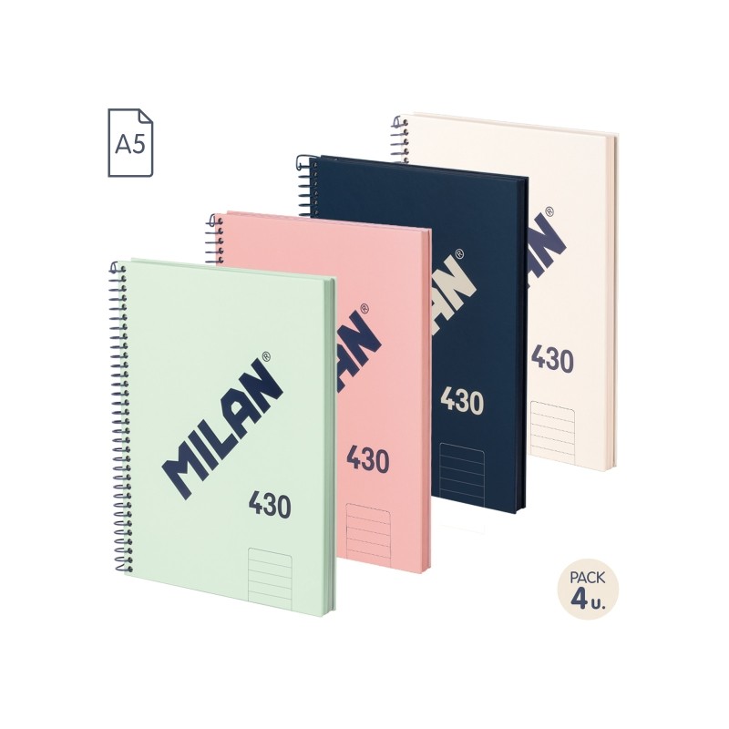 Milan 430 Since 1918 Confezione da 4 quaderni A5 con spirale - Carta a righe da 7 mm - 80 fogli da 95 g - Copertina rigi