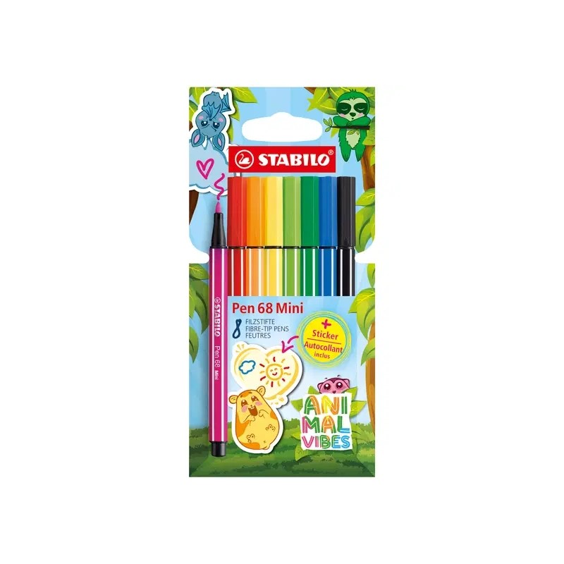 Stabilo Pen 68 Mini Animal Vibes Pack con 8 pennarelli - Punta in fibra - Include 5 adesivi personalizzabili - Spessore 