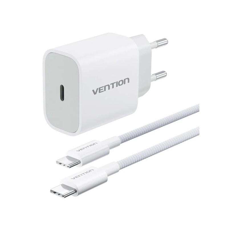 Caricabatterie da muro Vention - 20 W - Cavo da 1 m incluso - Rivestimento intrecciato in cotone e TPE - USB-C - Ricaric