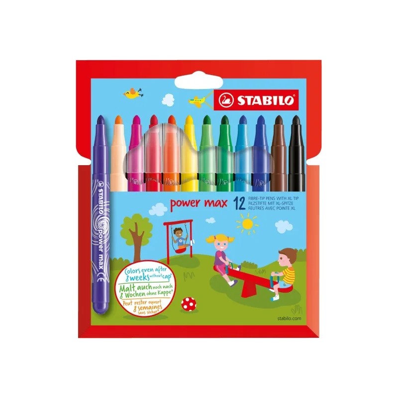 Stabilo Power Max Confezione da 12 pennarelli a punta larga - Larghezza tratto 3 mm - Inchiostro lavabile - Non si secca