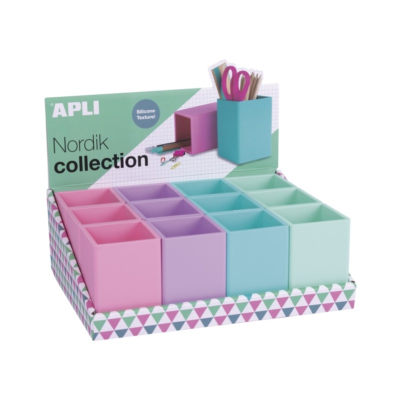 Apli Nordik Espositore con 12 portamatite quadrati in silicone - Dimensioni 70x70x95 mm - Colori assortiti