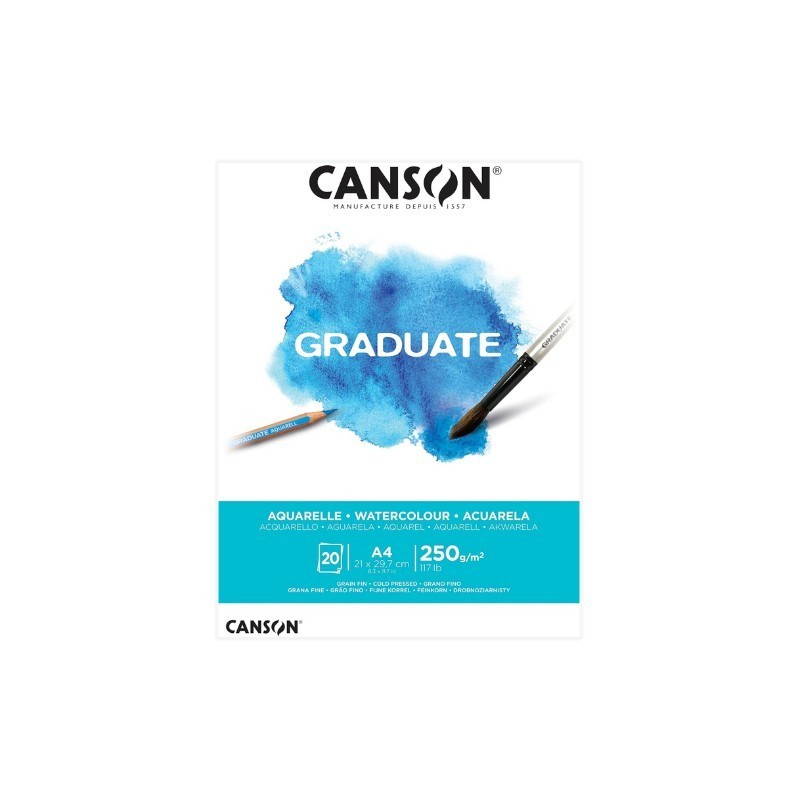 Blocco per acquerello Canson Graduate con 20 fogli A4 incollati - 250 g - Grana fine - Colore bianco