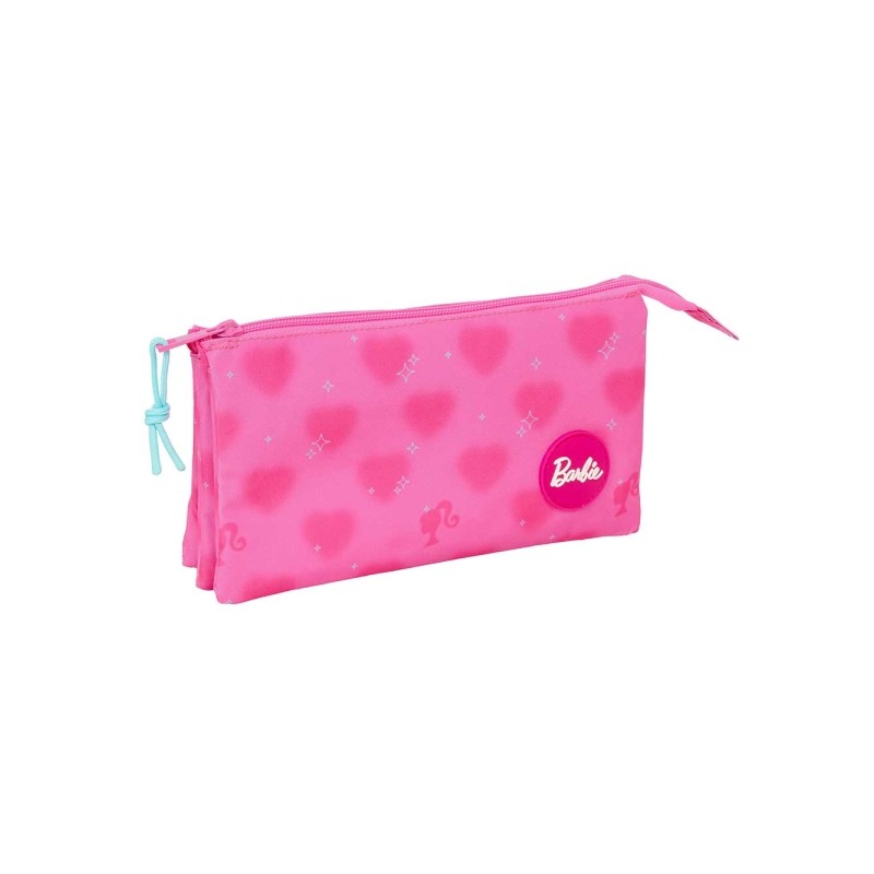 Safta Barbie Cuori - Borsa multiuso - 3 scomparti con cerniera - Tasca interna - 0.6 L - 220x30x120 mm - Colore rosa