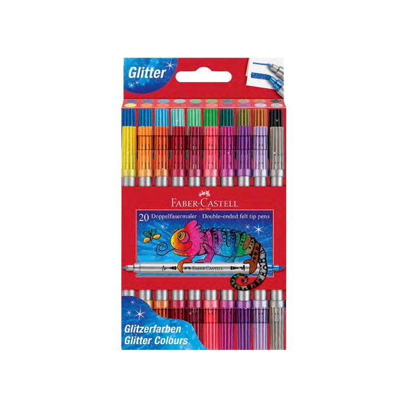 Faber-Castell Glitter Pack con 20 pennarelli a doppia punta - punta spessa e punta fine - inchiostro con effetto glitter
