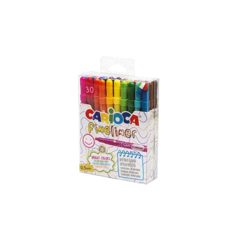 Confezione da 30 pennarelli Carioca Fineliner - Punta bianca in acetalica da 0.5 mm - Colori assortiti