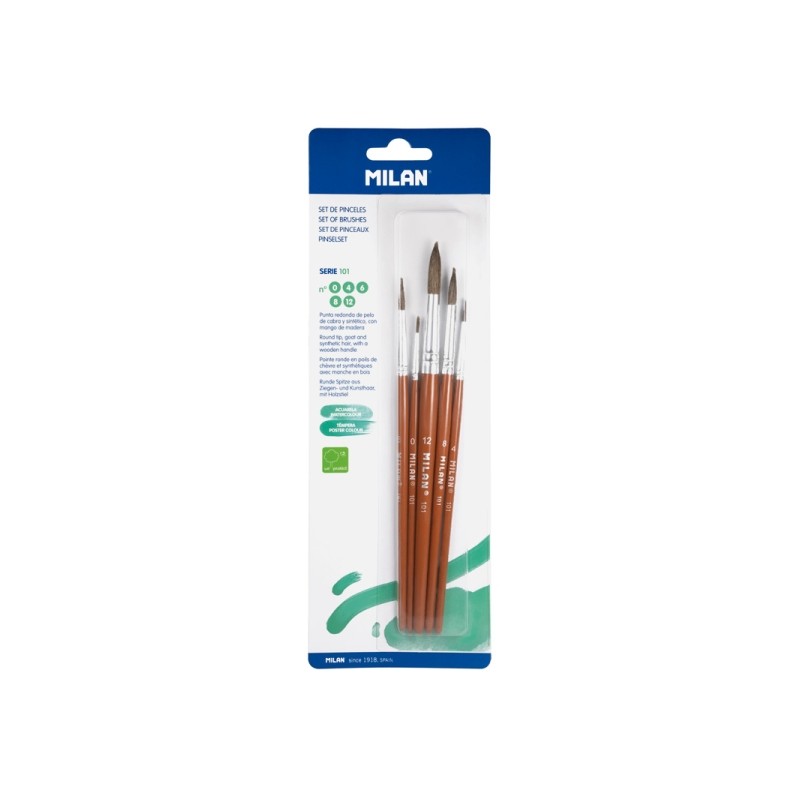 Milan 101 Confezione da 5 pennelli rotondi - Formati assortiti - Setole di capra e sintetiche - Colore legno scuro