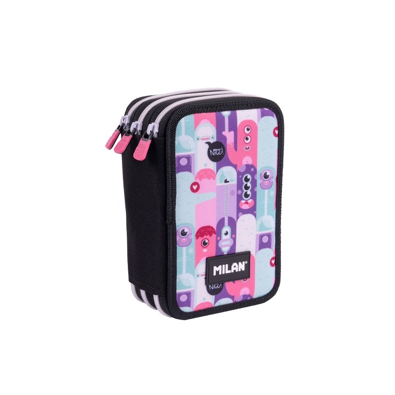 Milan Aliens 2 Astuccio a 3 ripiani con gomma - Temperamatite - Matita - 3 penne a sfera - Riga - 12 matite colorate - 6