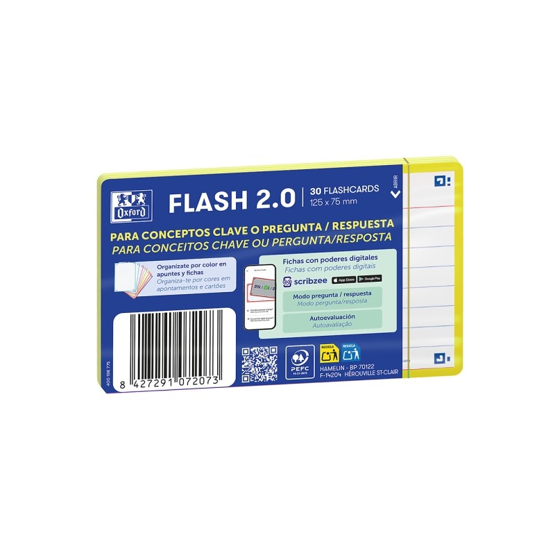 Oxford Confezione da 30 FlashCards 2.0 - Formato A7 - Righe orizzontali a 1 riga - Cartoncino da 250 g - Digitalizzazion