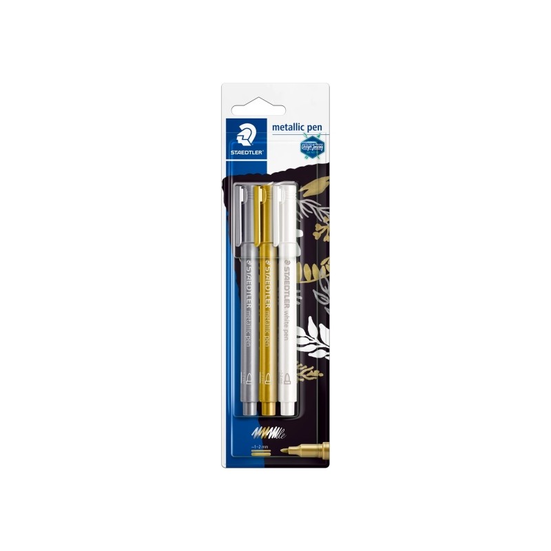 Staedtler Metallic Pen. confezione da 3 pennarelli a punta fine - Spessore tratto 1 - 2 mm - Inchiostro a base d'acqua -