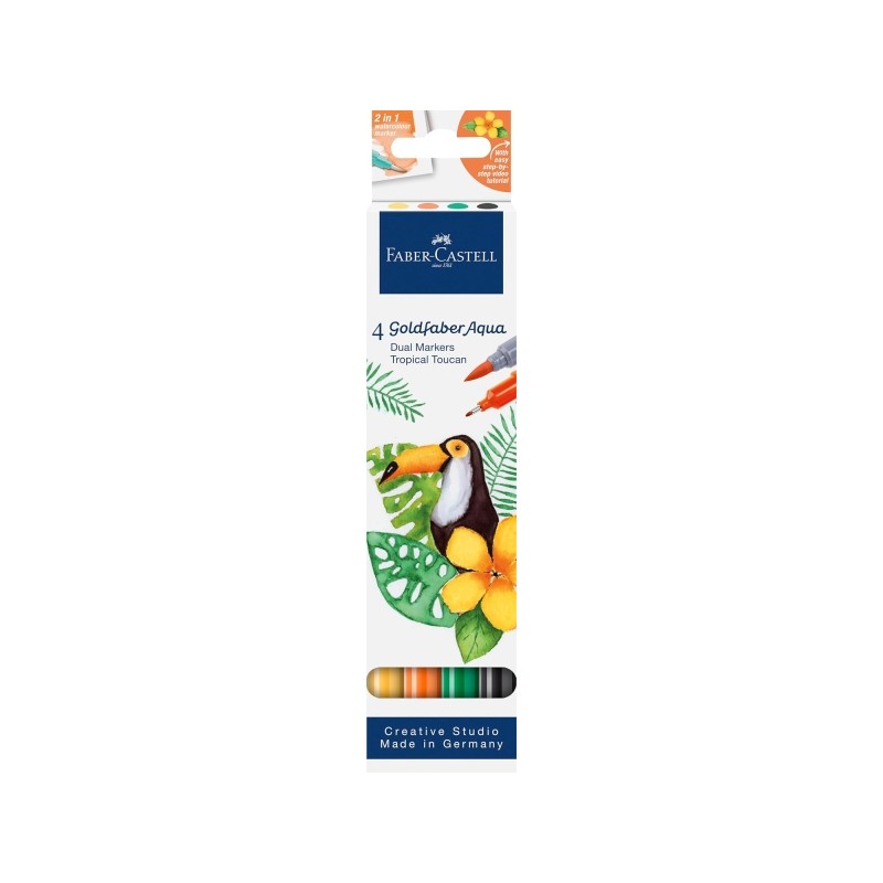 Faber-Castell Tropical Escapes Pack con 4 pennarelli Goldfaber a doppia punta - punta a pennello e punta fine da 0.6 mm 