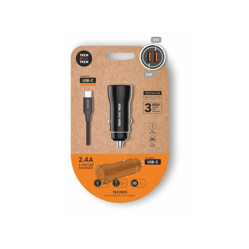TechOneTech Caricabatterie doppio da auto + cavo da USB-A a USB-C - Alte prestazioni - Colore: nero