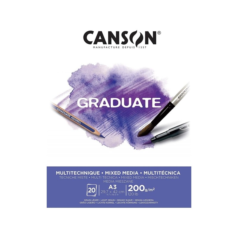 Canson Graduate Mix Media Bloc incollato. 20 fogli A3 da 200 g - Grana fine - Colore bianco