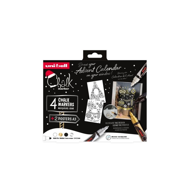 Uni-ball Chalk Colori scandinavi Confezione da 4 pennarelli a gesso liquido + poster - Punta conica 1.8-2.5 mm - Cancell