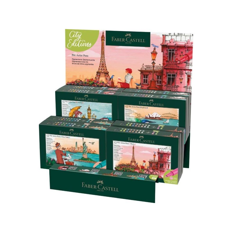 Faber-Castell Pitt Artist Pen Brush City Collection Espositore con 8 astucci da 12 pennarelli con punta a pennello - Inc
