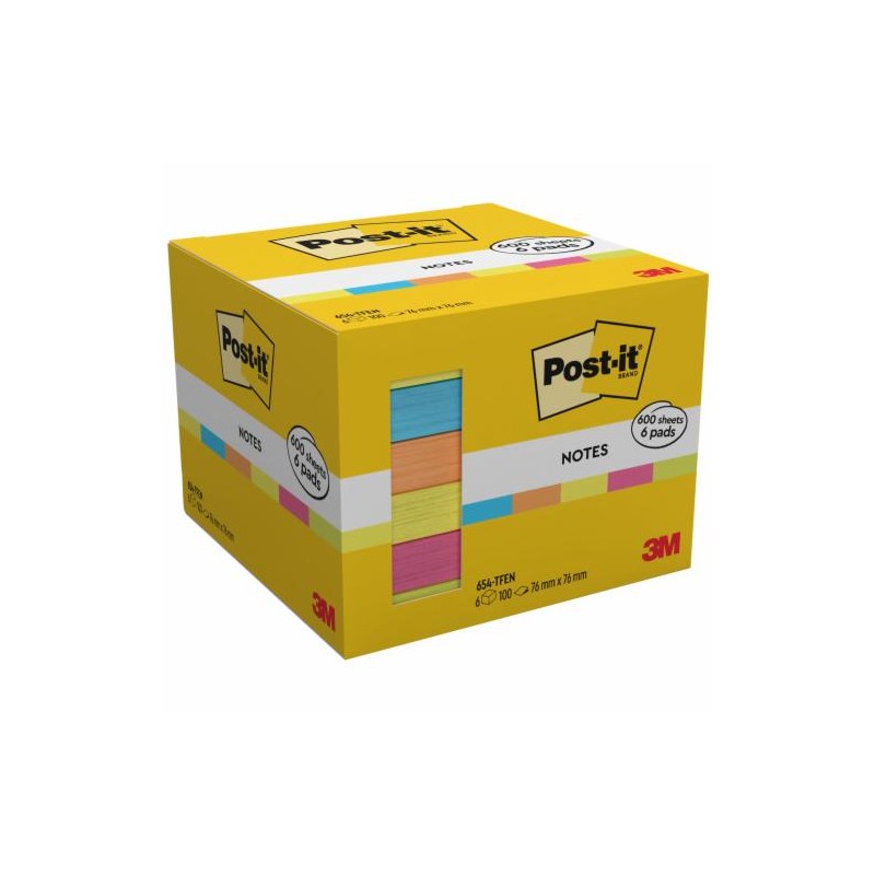 Confezione Post-It da 6 blocchi da 100 foglietti adesivi riposizionabili - Forma quadrata - 76x76 mm - Colori assortiti