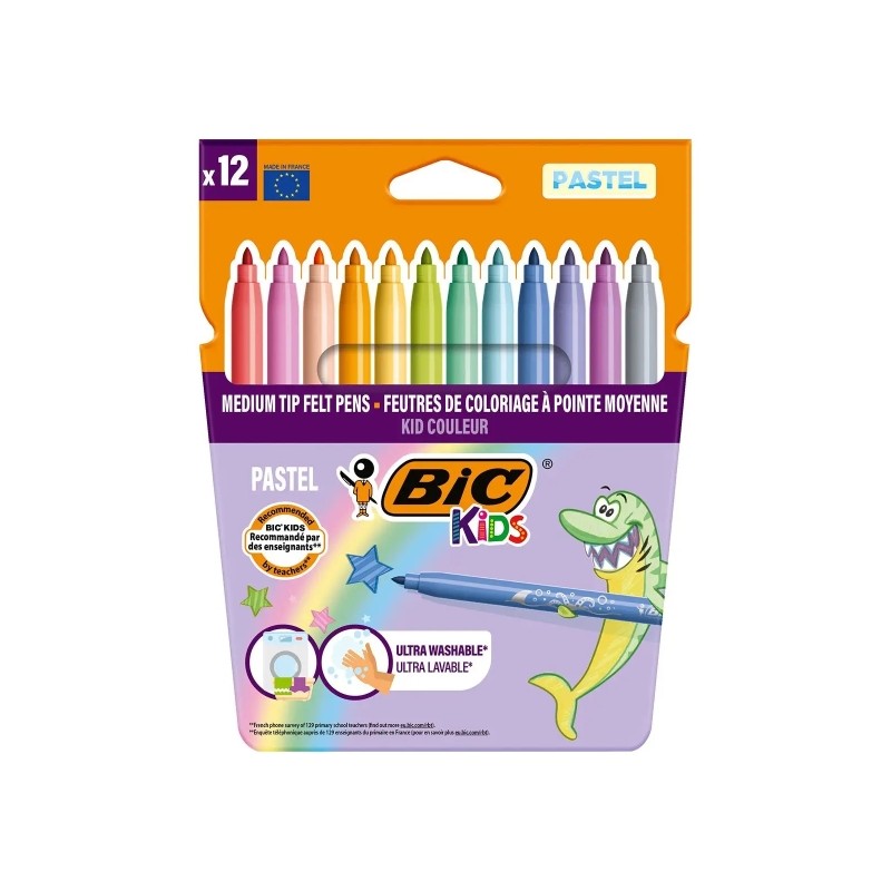 Bic Kids Couleur Pastel Confezione da 12 pennarelli - Punta media - Lavabili - Colori pastello assortiti
