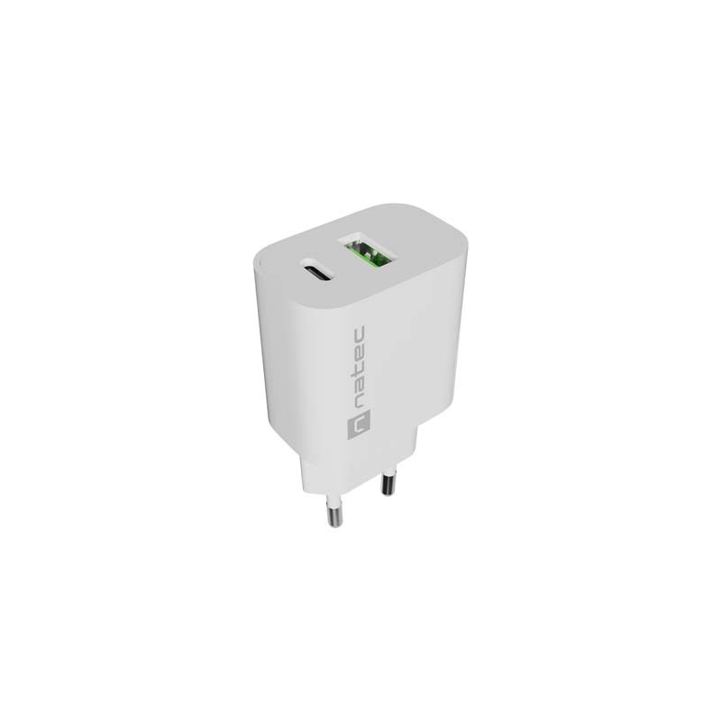Natec Ribera Caricabatterie da muro 20 W - 1xUSB-A + 1xUSB-C - Ricarica rapida - 2 dispositivi contemporaneamente - Colo