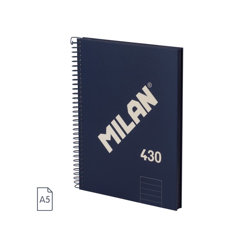 Milan 430 Since 1918 Quaderno A5 con spirale - Carta a righe da 7 mm - 80 fogli da 95 g - Copertina rigida - Colore blu