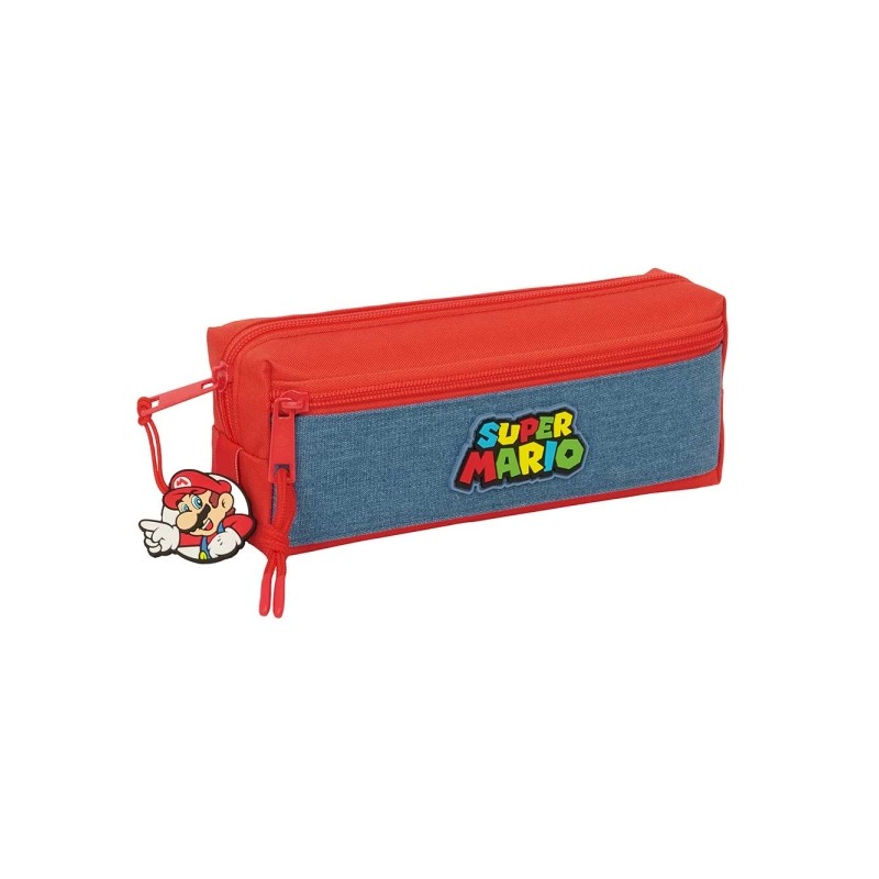 Safta Super Mario Portatutto - 3 scomparti con cerniera - Elastico - Compatto - 22x8.5x6 cm - Colori: rosso e blu
