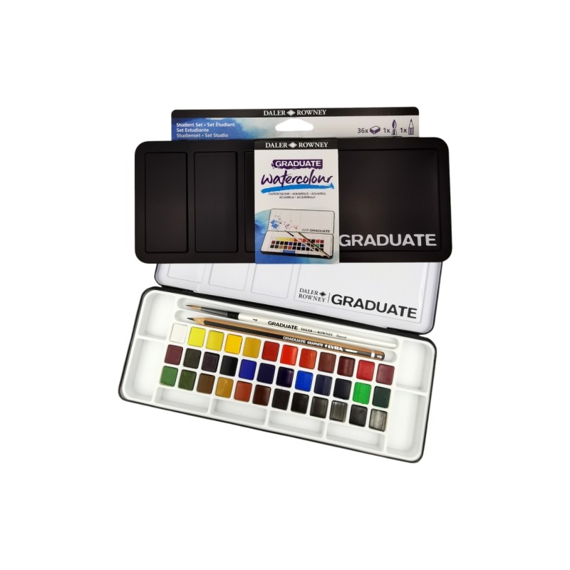 Daler Rowney Graduate Pack da 36 acquerelli - Godet medi - Include pennello e matita - Colori assortiti