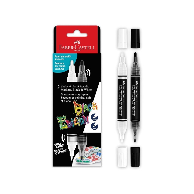 Faber-Castell Shake e Paint Black Edition. confezione da 2 pennarelli acrilici a doppia punta - punte rotonde da 1 mm e 