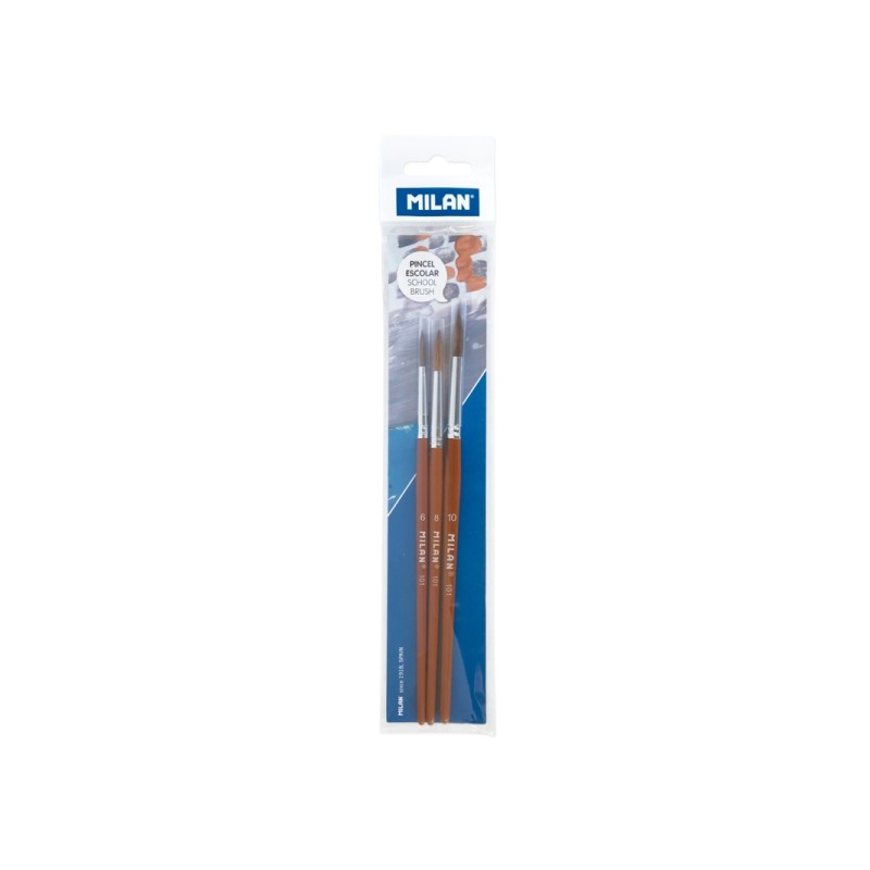 Milan 101 Confezione da 3 pennelli scolastici rotondi - Formati assortiti - Colore legno scuro
