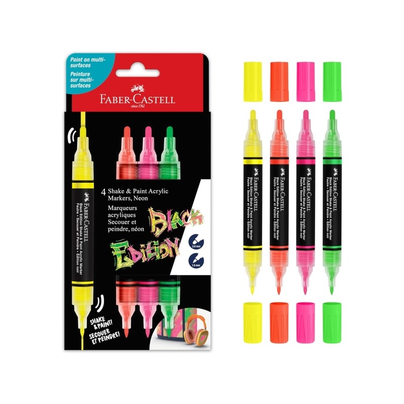 Faber-Castell Shake e Paint Black Edition - Confezione da 4 pennarelli acrilici a doppia punta - Punte rotonde da 1 mm e