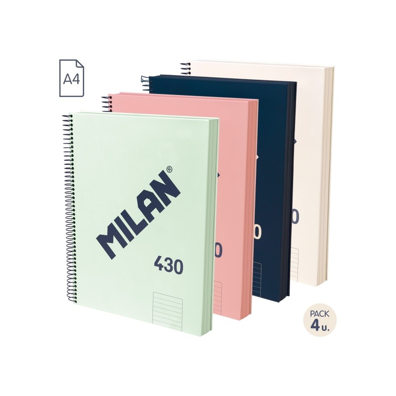 Milan 430 Since 1918 Confezione da 4 quaderni A4 con spirale - Carta a righe da 7 mm - 120 fogli da 95 g - Copertina rig