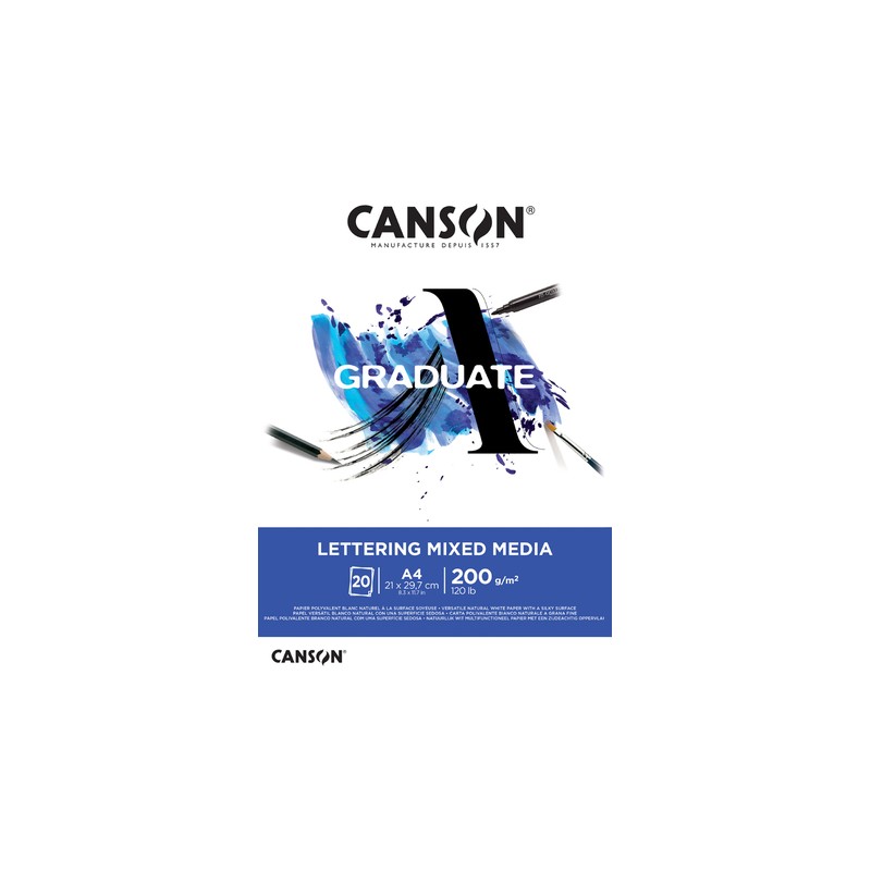 Canson Graduate Lettering Multitecnica. blocco incollato da 20 fogli A4 da 200 g - Satinato - Colore bianco