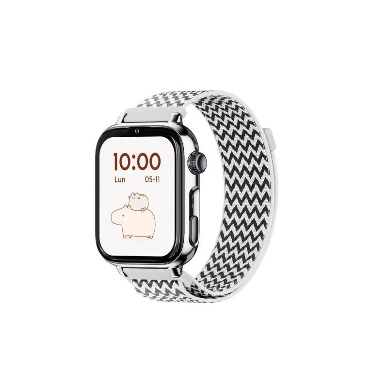 Savefamily Smartwatch per bambini SaveWatch Plus 2 - Schermo AMOLED - Cassa argentata - Cinturino in tessuto a zigzag