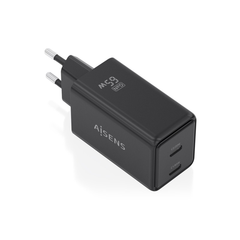Caricabatterie Aisens GaN da 65 W - 2xUSB-C PD 3.0 QC 4.0 - Tecnologia AI - Colore: nero