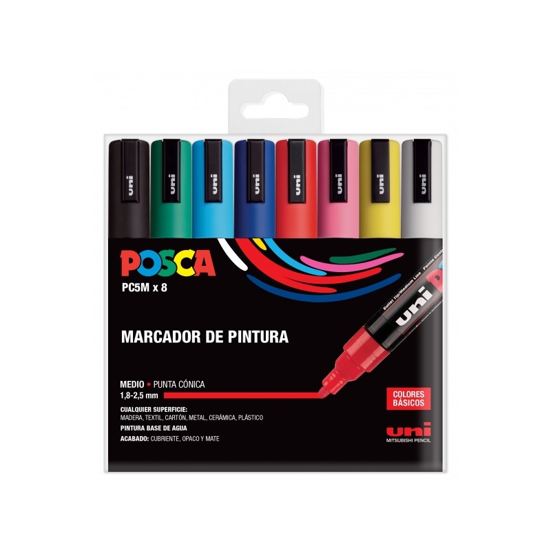 Posca PC-5M/8C Astuccio da 8 pennarelli a vernice - Punta in poliestere da 1.8-2.5 mm - Inchiostro a base d'acqua - Resi