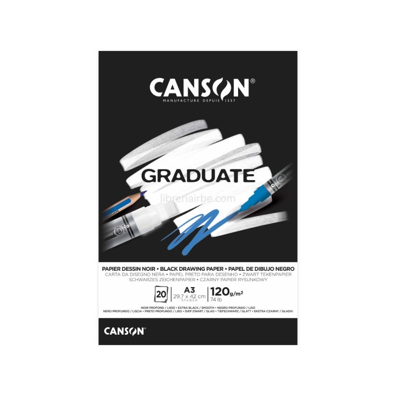 Canson Graduate Black Bloc incollato. 20 fogli A3 - 120 g - grana fine - colore nero