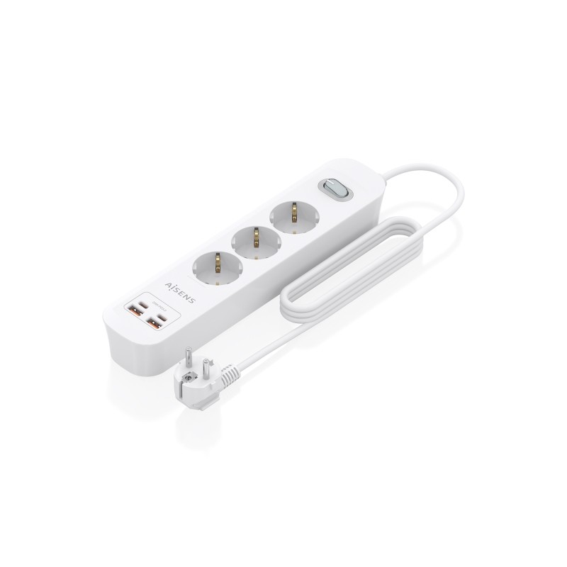 Aisens Multipresa con 3 prese Schuko - 2xUSB-C - 2xUSB-A - Cavo da 1.4 m - Interruttore con indicatore LED - Power Deliv