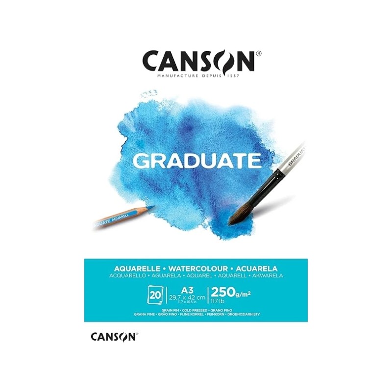 Blocco per acquerello Canson Graduate con 20 fogli A3 incollati - 250 g - Grana fine - Colore bianco