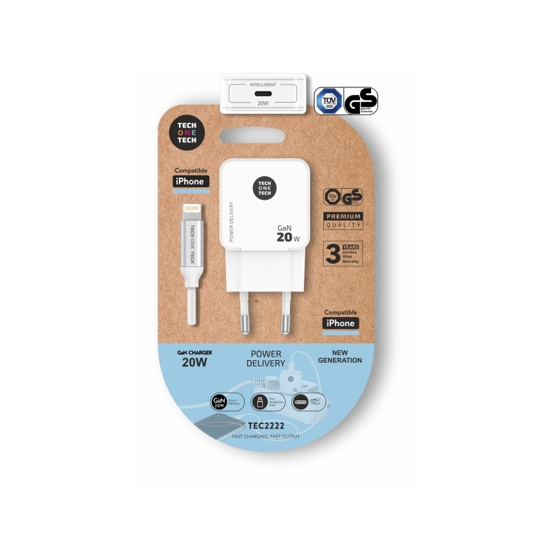 TechOneTech Caricabatterie da muro ultraveloce GaN da 20 W bianco + cavo Apple