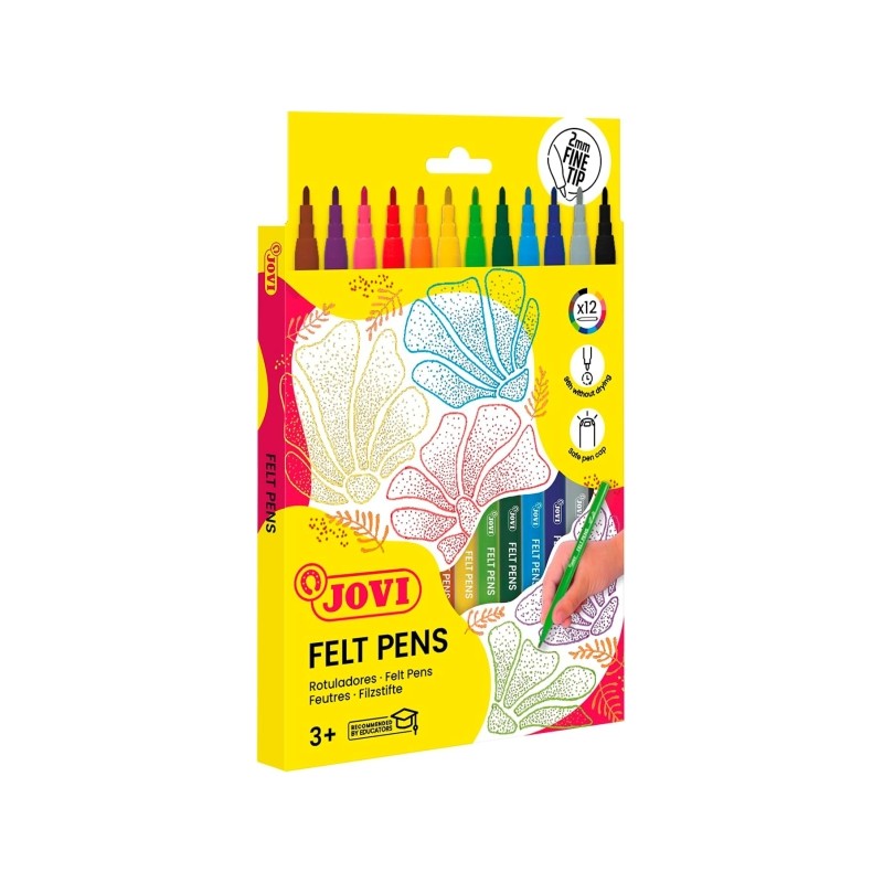 Jovi Felt Pens - Confezione da 12 pennarelli - Punta da 2 mm - Ampia varietà di tonalità - Inchiostro a lunga tenuta -
