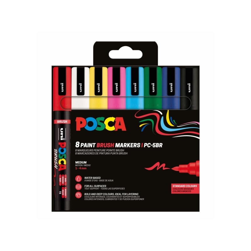 Posca PC-5BR Confezione da 8 pennarelli a vernice - Punta a pennello 1-4 mm - Inchiostro a base d'acqua - Resistente all