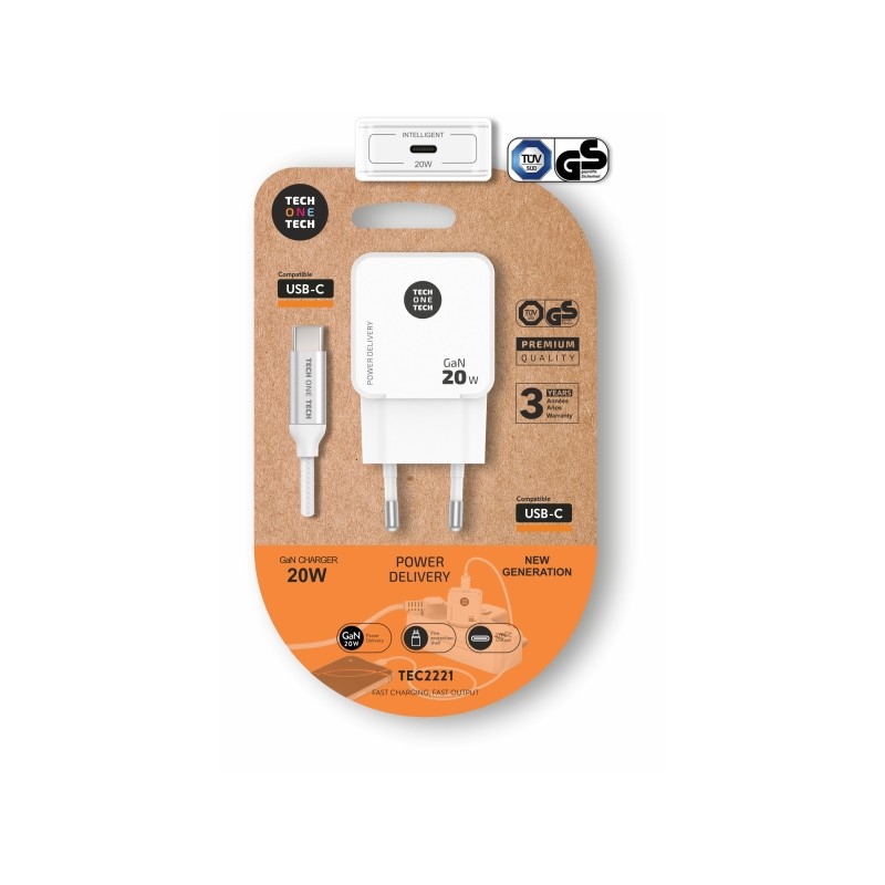 TechOneTech Caricabatterie da muro ultraveloce GaN da 20 W. bianco + cavo USB-C