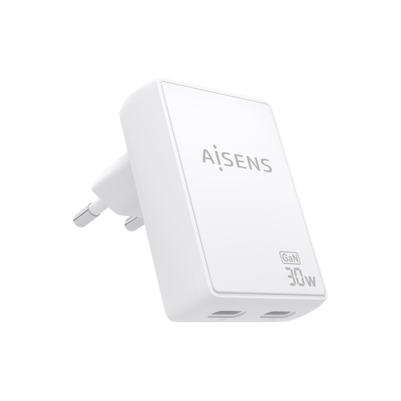 Aisens Caricabatterie GaN ultrasottile da 30 W - 2xUSB-C PD3.0 QC4.0 - Tecnologia AI - Colore bianco