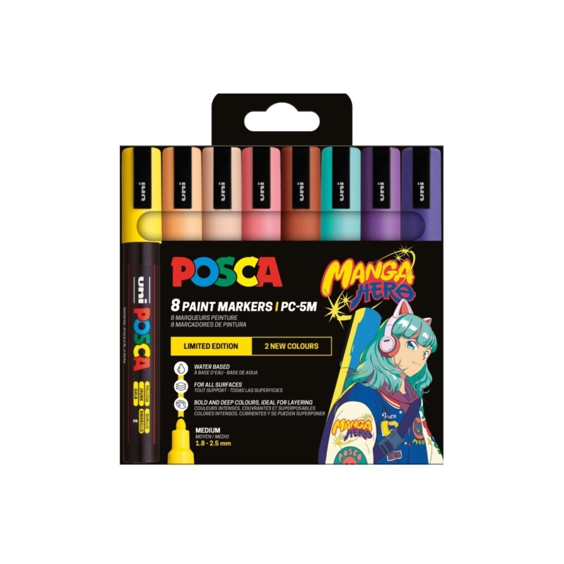 Posca Manga Hero Edizione Limitata PC-5M Confezione da 8 pennarelli - Punta a proiettile 1.8-2.5 mm - Inchiostro a base 
