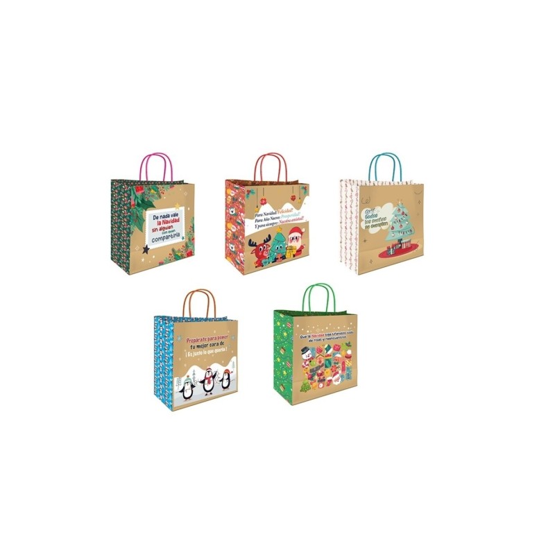 Bismark: sacchetti di carta kraft con messaggi natalizi - Dimensioni 26x8x24 cm - 5 modelli diversi