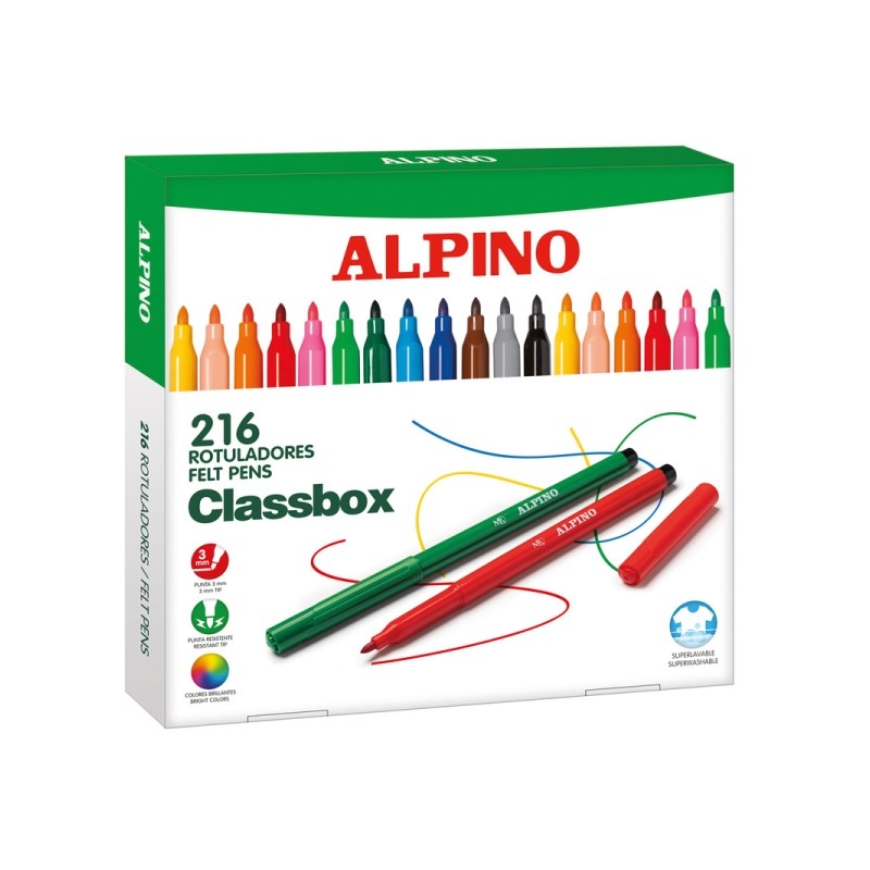 Confezione Alpino Economy con 216 pennarelli colorati - Punta da 3 mm - Facilmente lavabili e brillanti - Per uso scolas