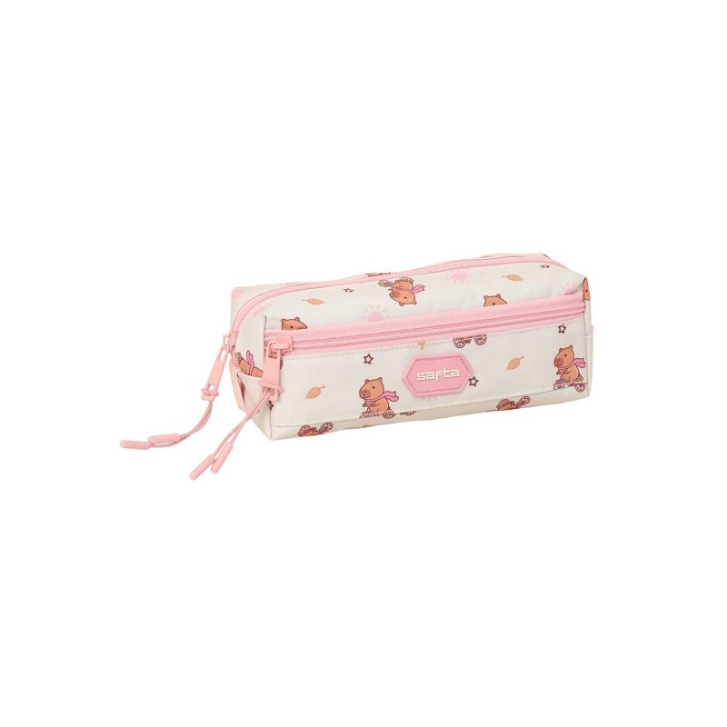 Safta Capibara Borsa multiuso - 3 scomparti con cerniera - Elastico - Compatta - 22x8.5x6 cm - Colore rosa pastello