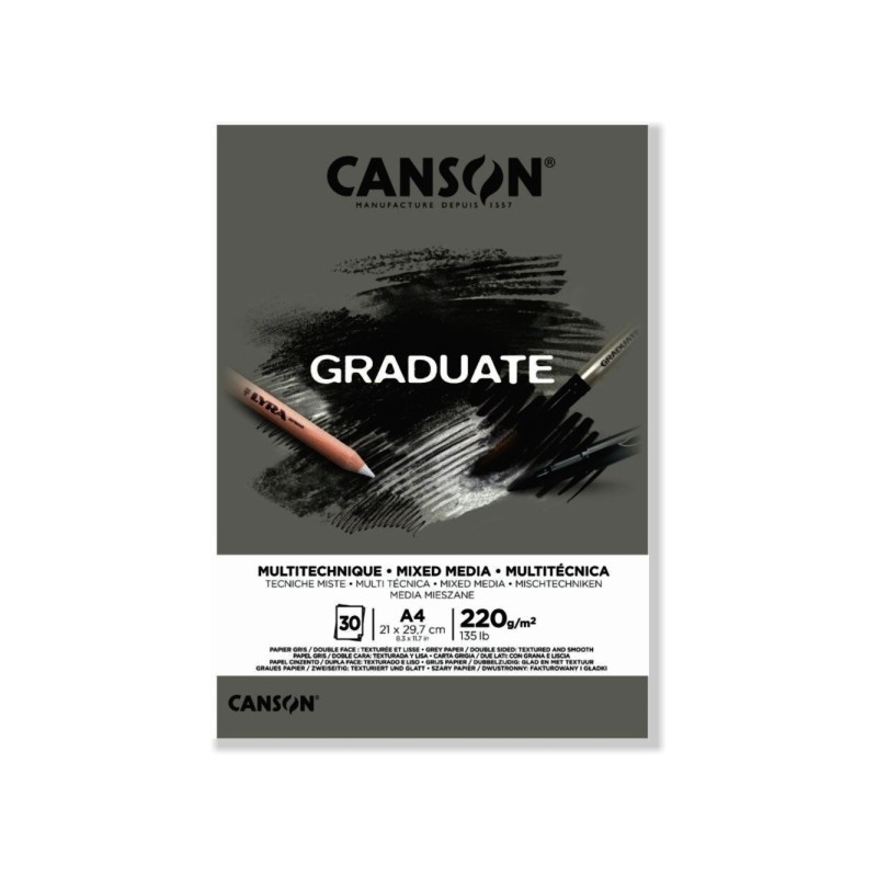Canson Graduate Mix Media Bloc incollato. 30 fogli A4 - 220 g - grana fine - colore grigio