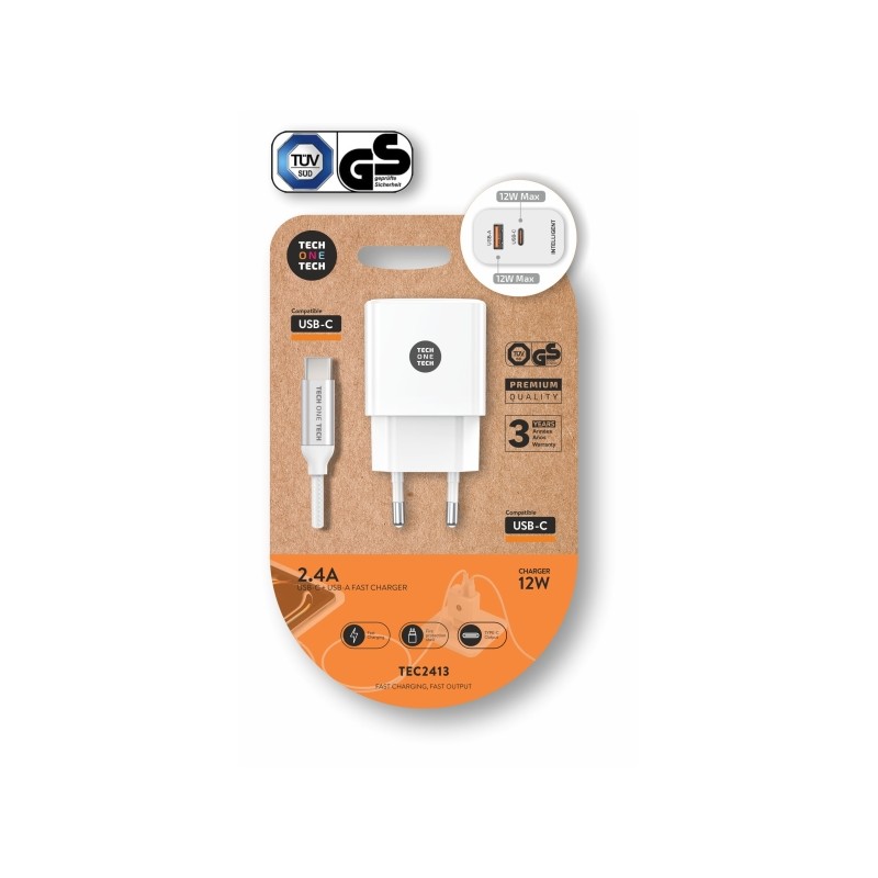 TechOneTech Doppio caricabatterie da parete + cavo da USB-A a USB-C da 1 m - Rivestito in nylon intrecciato bianco
