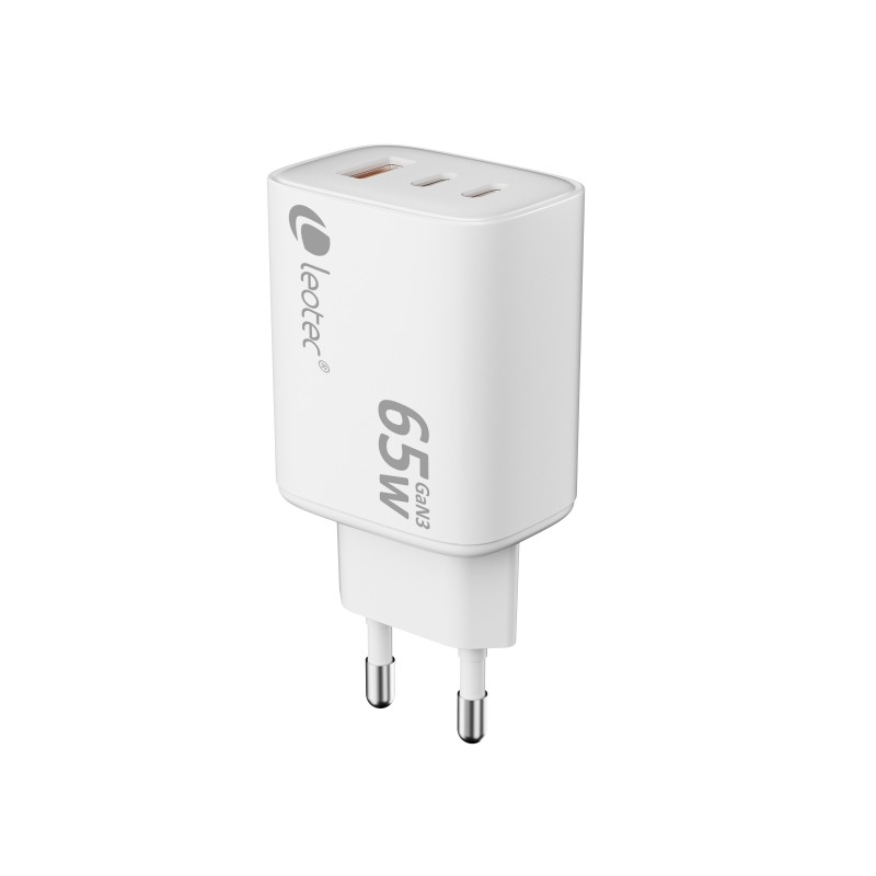 Leotec Caricabatterie universale da 65 W GAN - Ultra Slim - 2 USB-C PD + 1 USB-A - Colore bianco